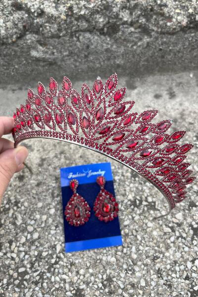 Hobigram Alexa Burgundy Bridal Henna Crown Special Occasion Accessory Women's Crown and Drop Shuttle Earrings Set