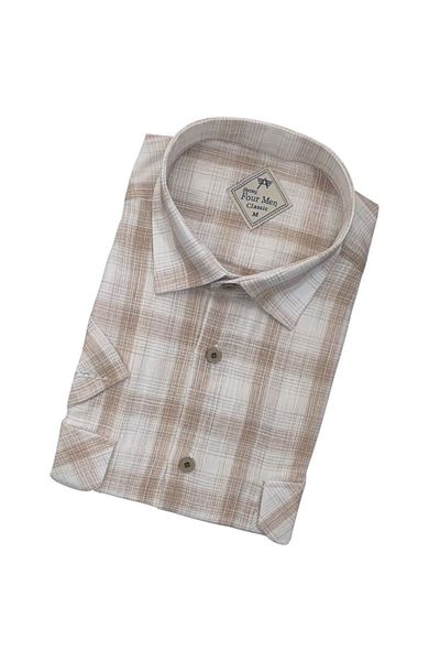 GÖMLEK GALERİSİ Men's Classic Loose Fit Double Pocket Plaid Short Sleeve Shirt