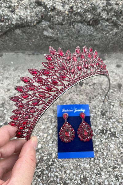 Hobigram Alexa Burgundy Bridal Henna Crown Special Occasion Accessory Women's Crown and Drop Shuttle Earrings Set