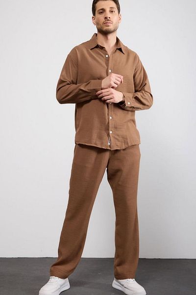 thesunfyre Men's Linen Relaxed Fit Baggy Pants and Long Sleeve Oversize Shirt Bottom Top Set