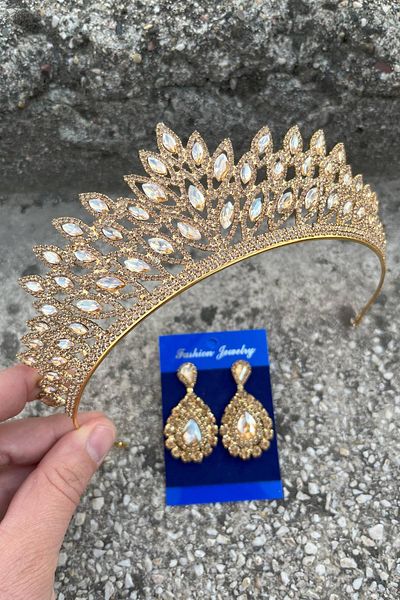 Hobigram Alexa Gold Bridal Henna Crown Special Occasion Accessory Women's Crown and Drop Shuttle Earrings Set