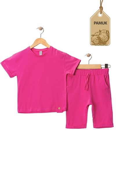 MK Mukko Kids Girl Boy 2 Piece Set Wooden Button Design Basic Summer Bottom Top Set (Pink Fuchsia)