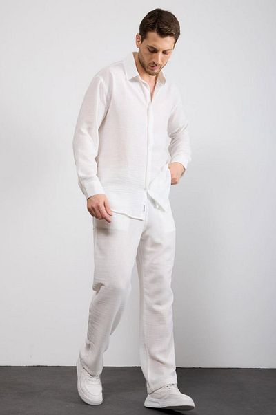 thesunfyre Men's Linen Relaxed Fit Baggy Pants and Long Sleeve Oversize Shirt Bottom Top Set