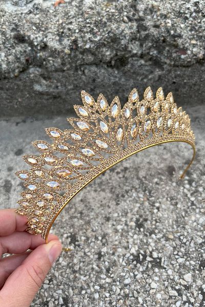 Hobigram Alexa Gold Bridal Henna Crown Special Occasion Accessory Women's Crown Hair Accessory – Crown, Crystal Stone, Stylish Model