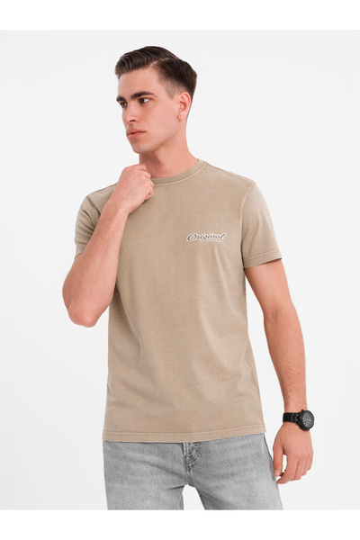 OMBRE Baumwoll T-Shirt mit Aufdruck auf Brust und Rücken - dunkelbeige V2 OM-TSWT-0201 XXL