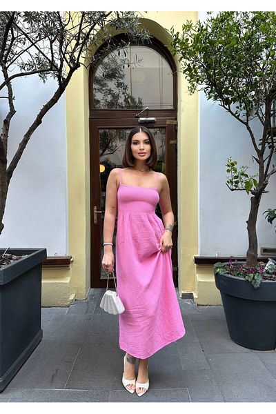 Stil Sepeti Rochie midi din țesătură de muselină Gipeli cu guler pătrat roz pentru femei ELY-100045715