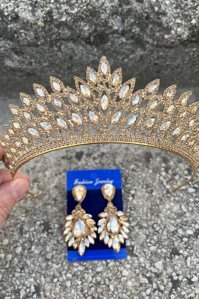Hobigram Alexa Gold Bridal Henna Crown Special Occasion Accessory Women's Crown and Wide Shuttle Earrings Set