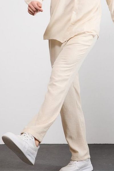 thesunfyre Men's Waist Tie Baggy Fit Relaxed Fit Linen Look Trousers