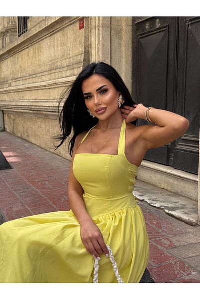 Stil Sepeti Rochie maxi din țesătură poplin căptușită cu gât galben pentru femei ELY-100041230