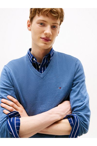 Tommy Hilfiger Men Petrol Blue Heather Essential Cotton V-Neck Sweater