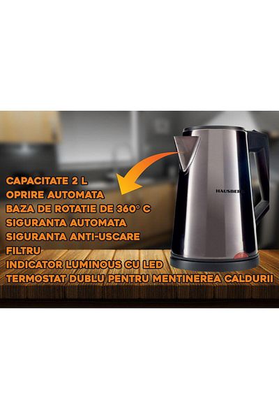 Hausberg Rychlovarná konvice HB-3620, 1800W, 2L, filtr, automatické vypnutí, LED, termostat, nerezová ocel