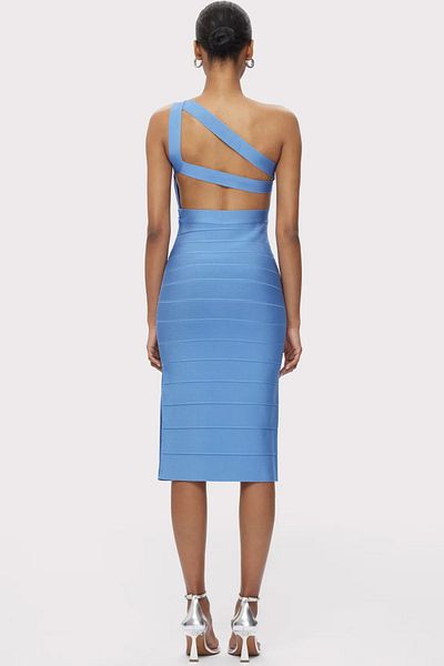 Herve Leger Rochie midi asimetrică cu model bandaj - - L, Albastră