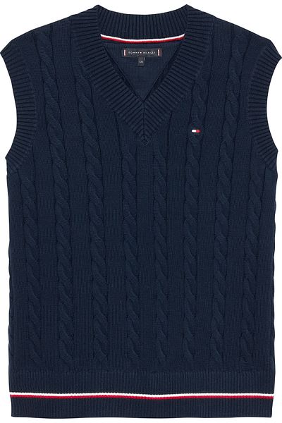 Tommy Hilfiger Boys Dark Night Navy Cotton Cable Global V-Neck Vest Sweater