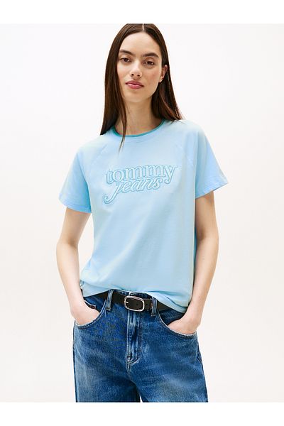 Tommy Hilfiger Women Light Powdery Blue Regular Fit Script Short Sleeve T-Shirt