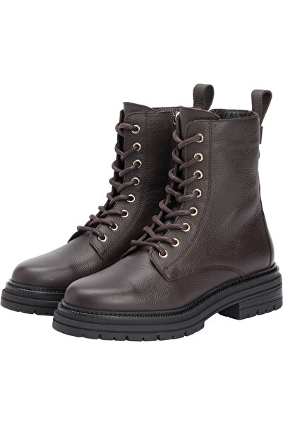 Tommy Hilfiger Women Charred Wood Plaque Pebble Lace-Up Mid Boots