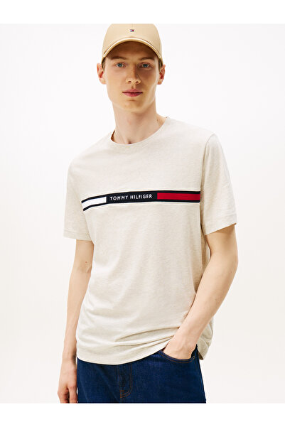 Tommy Hilfiger Tommy Hilfiger Men Heathered Oatmilk Logo Short Sleeve T-Shirt
