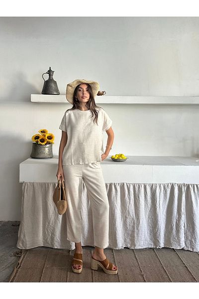 AÈC PRIVÈ Women's New Season Trend Premium Quality 100% Cotton Linen Blouse Trousers Double Suit 7777