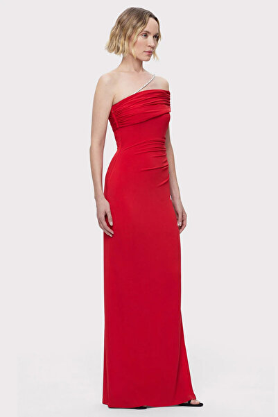 Herve Leger ASYMMETRICAL JERSEY DRESS W CRYSTAL TRIM - HERVE LEGER - RED, M