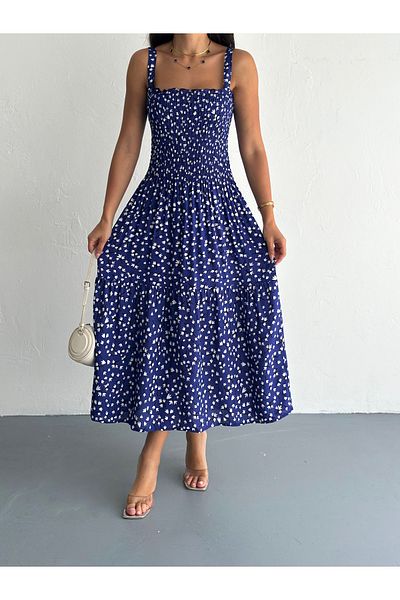 MaxiMor Gipeli Blue Floral Bretele Rochie Lungă Până la podea Tesătură Viscoză 125 Cm