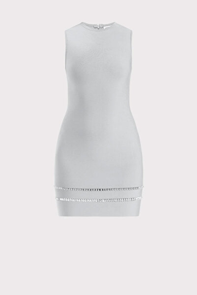 Herve Leger PANELED MINI DRESS WITH CRYSTALS - - L, GRAY