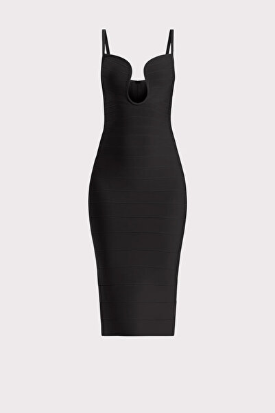 Herve Leger PLUNGING WIRED BANDAGE MIDI DRESS - - L, BLACK