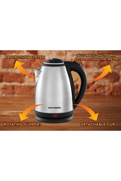 Hausberg Nerezová konvice HB-3615, 1500 W, 1,8 l, otočný stojan, ochranný systém