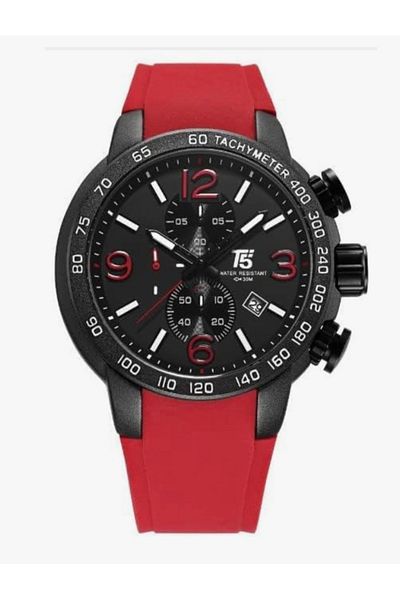 T5 Saat Men's Sports Watch - Red Silicone Band, Calendar & Chronograph - Waterproof
