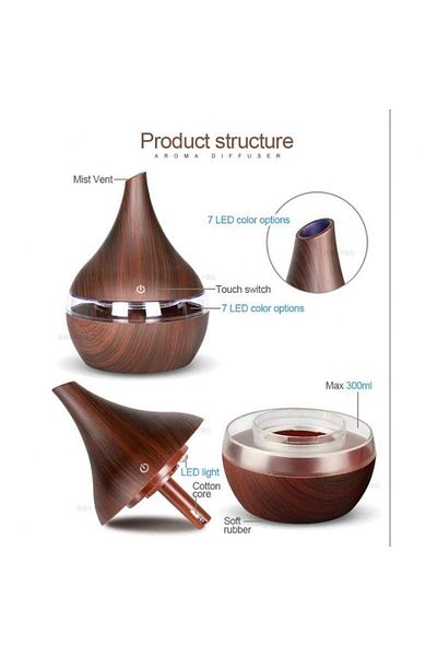 SIKS Umidificator cu ultrasunete ®, difuzor de aromaterapie cu USB, culoare lemn închis