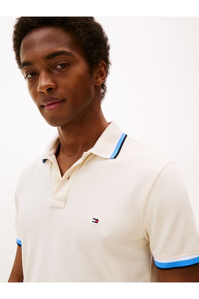 Tommy Hilfiger Men Ivory Petal Cuff Interest Slim Short Sleeve Polo T-Shirt