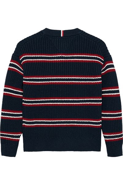 Tommy Hilfiger Boys Dark Night Navy Multi Stripe Half Cardigan Crew Neck Sweater
