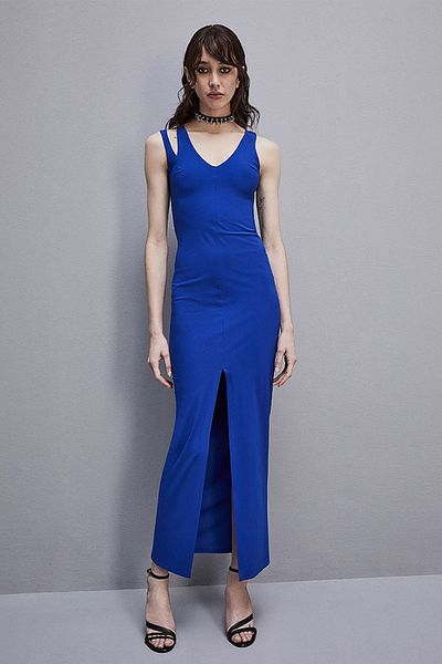 Patrizia Pepe ROCHIE ESENȚIALĂ DIN JERSEY CU DECOLARE ÎN V - PATRIZIA PEPE - ALBASTRU REGAL, XS/S