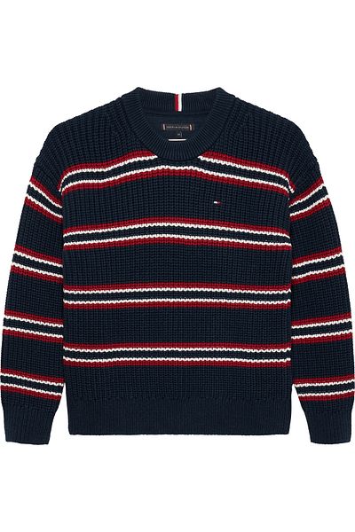 Tommy Hilfiger Boys Dark Night Navy Multi Stripe Half Cardigan Crew Neck Sweater