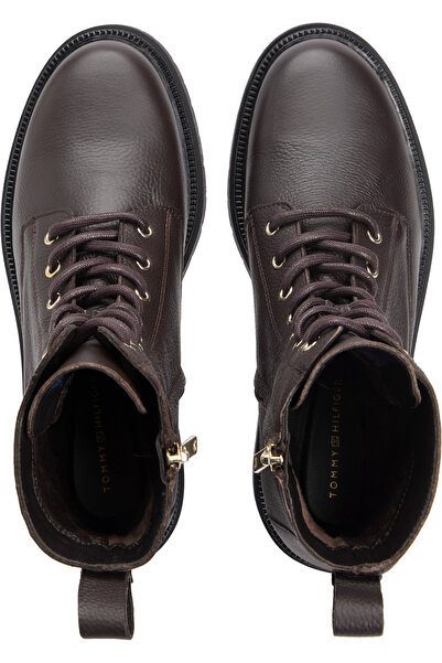 Tommy Hilfiger Women Charred Wood Plaque Pebble Lace-Up Mid Boots