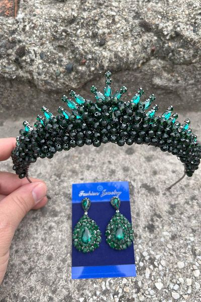 Hobigram Alyce Green Bridal Henna Crown Special Occasion Accessory Women's Crown and Drop Shuttle Earrings Set