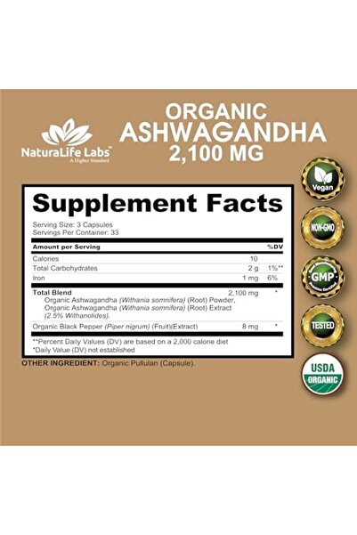 NaturaLife Lab Organic Ashwagandha 2,100 mg - 100 Vegan Capsules