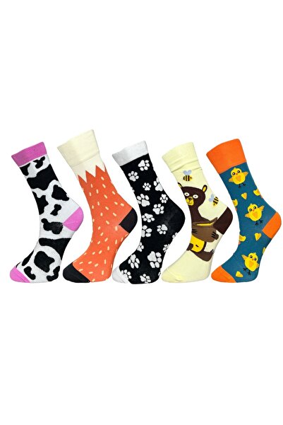 Mevo عبوة من 5 جوارب مرنة للجنسين على شكل مخلب ثعلب البقر ودب ودجاجة منقوشة بألوان مختلطة قابلة للتنفس