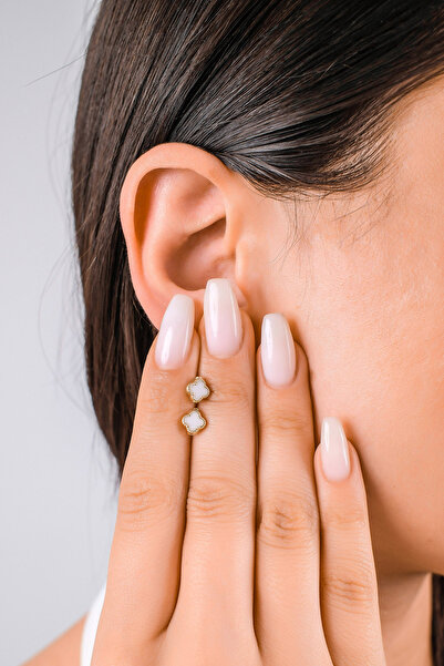 Side Gold Kuyumculuk 14 Ayar Altın Beyaz Yonca Küpe