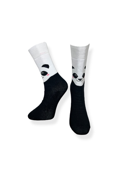 Mevo Single Unisex Flexible Panda Patterned Black-White Color Breathable Towel Socks