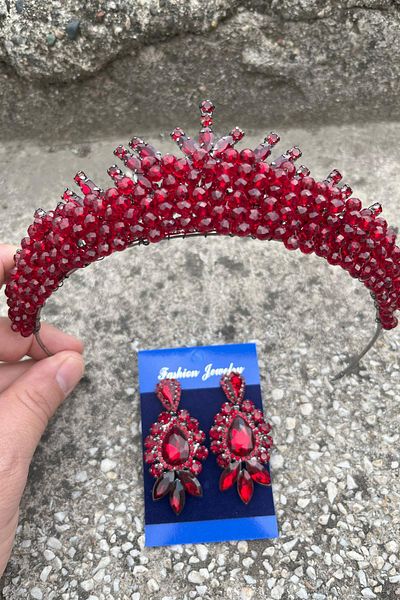 Hobigram Alyce Burgundy Bridal Henna Crown Special Occasion Accessory Women's Crown and Three Shuttle Earrings Set – Crown, Crystal Stone