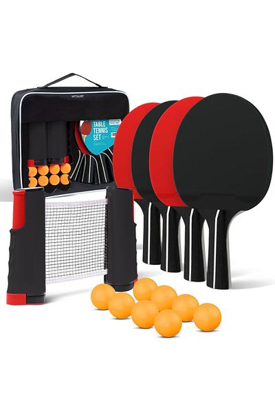 Vittalist Complete Ping Pong Set, 4 Table Tennis Paddles, 8 Balls, Retractable Net and Carrying Bag, Red