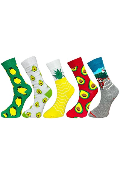 Mevo 5 Pairs Unisex Stretchy Lemon, Avocado and Pineapple Patterned Mixed Col...