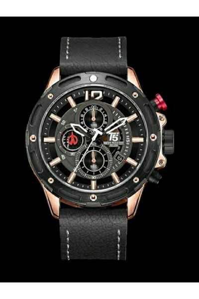 T5 Saat T5 Men's Wrist Watch - Black Leather Strap, Chronograph & Calendar, Waterproof Design
