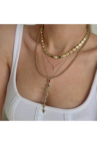 GLARE JEWELRY 7 Element Colorful Stone Y Model Zircon Stone Gold Stainless Steel Necklace 4 Years Warranty
