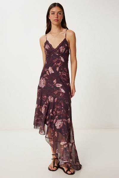Lovelyİstanbul Patterned Strap Asymmetrical Tulle Dress Cherry Lub0120