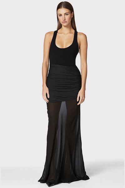 Herve Leger ROCHIE LUNGĂ CU VOLANĂ DIN MIX ȚESUT - HERVE LEGER - NEGRU, XS