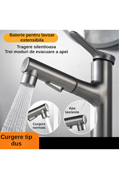 BiXXBi Baterie pentru baie cu 3 lavoare — 3 moduri de debit, cap de pulverizare extractibil, cartuș ceramic, gri