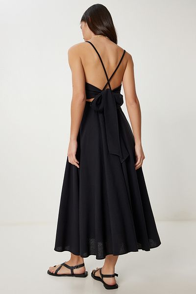 Lovelyİstanbul Rochie de vară din in, cu bretele, decoltată, NEGRU LFG0006