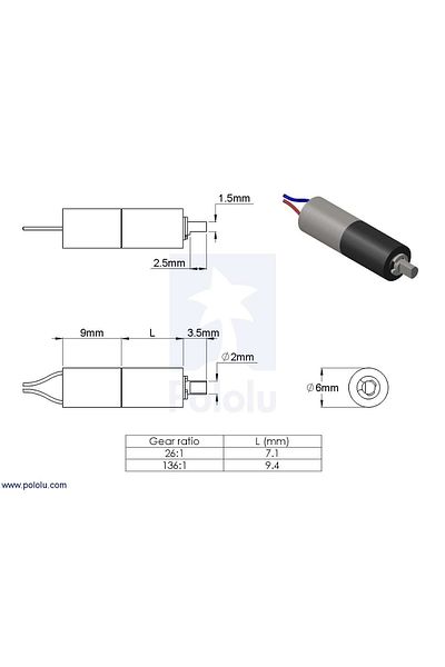 Pololu 26:1 Sub-Micro Motor with Gearbox 6Dx16L mm