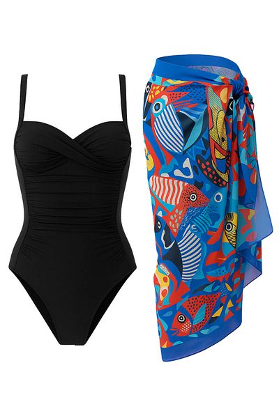CUPSEA Women's Gathering Draped Swimsuit Fish Patterned Underwear Pareo Set of 2 Stylish and Slimming Effect