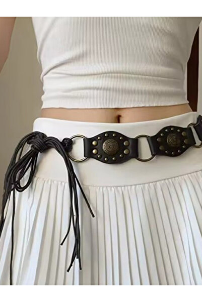SEMUME Belden bağlamalı ayarlanabilir siyah deri bel kemeri